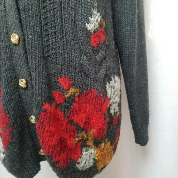 VINTAGE Sk & Company Long V-Neck Floral Wool Knit Cardigan M - Picture 6 of 11
